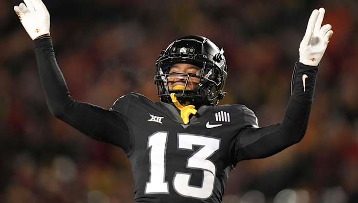 Iowa State defensive back Tayvonn Kyle (13) celebrates after breaking up a pass intended for Texas Tech wide receiver Myles Price during a NCAA football game on Saturday, Nov. 19, 2022, at Jack Trice Stadium in Ames.